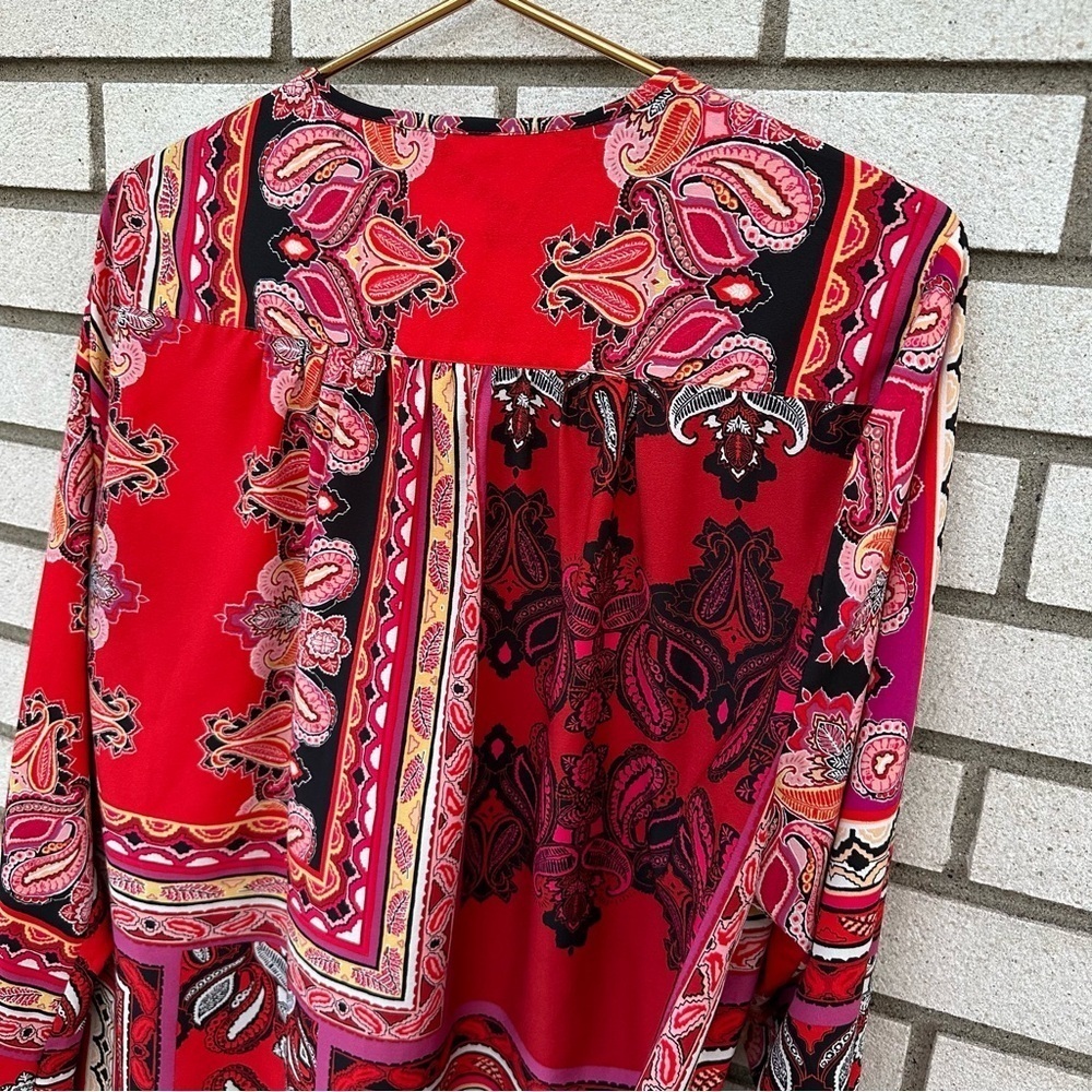 Chico’s Red Patchwork Paisley Peasant Blouse Split Neck Boho Scarf Print Top XL - Picture 10 of 14